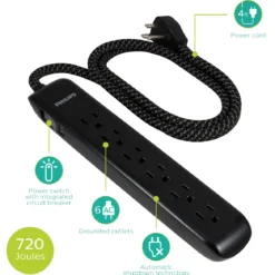 Philips 6 Outlet Surge Protector Power Strip, 4 Ft, Black