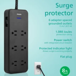Philips 6-Outlet Surge Protector, 8 Ft, Black