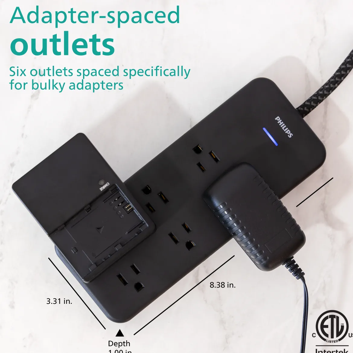 Philips 6-Outlet Surge Protector, 8 Ft, Black