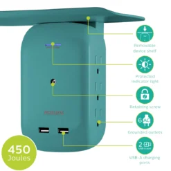 Philips 6-Outlet Tap with Device Shelf, 450J, 2USB (2.4A), Teal, 2pk