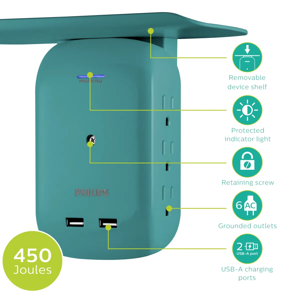 Philips 6-Outlet Tap with Device Shelf, 450J, 2USB (2.4A), Teal, 2pk
