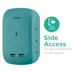 Philips 6-Outlet Tap with Device Shelf, 450J, 2USB (2.4A), Teal, 2pk