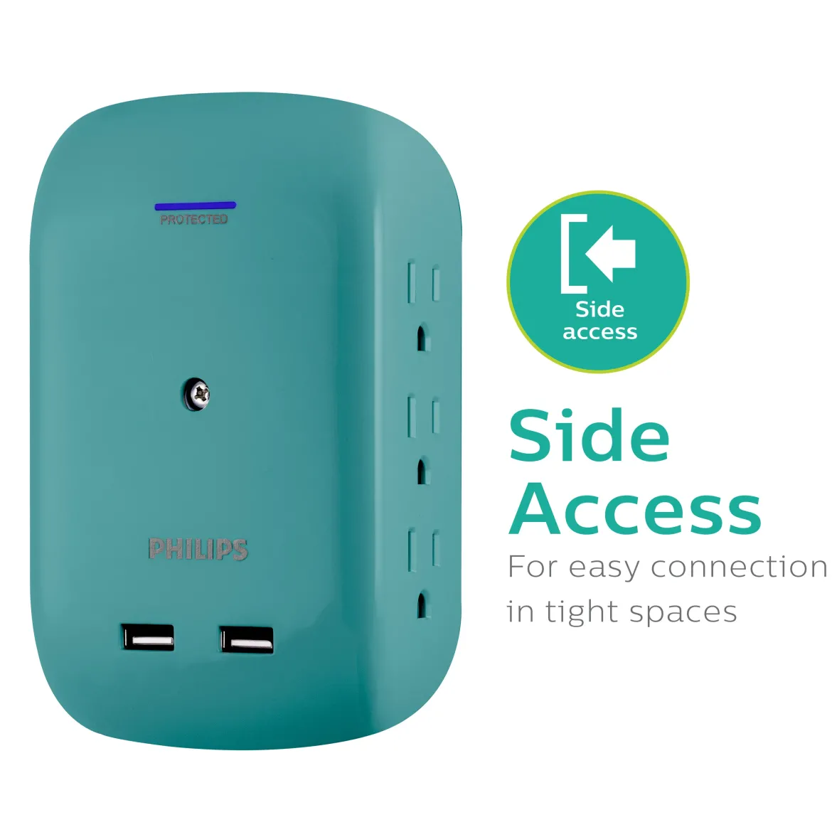 Philips 6-Outlet Tap with Device Shelf, 450J, 2USB (2.4A), Teal, 2pk