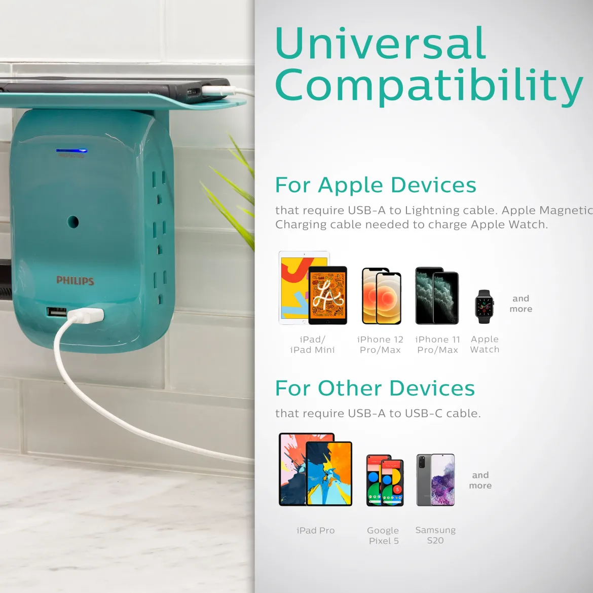 Philips 6-Outlet Tap with Device Shelf, 450J, 2USB (2.4A), Teal, 2pk