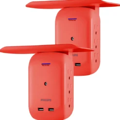 Philips 6-Outlet Tap with Device Shelf, 450J, 2USB (2.4A), Coral, 2pk