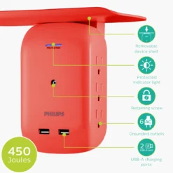 Philips 6-Outlet Tap with Device Shelf, 450J, 2USB (2.4A), Coral, 2pk