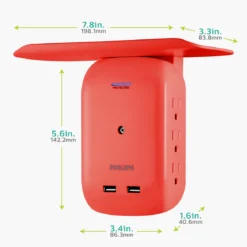 Philips 6-Outlet Tap with Device Shelf, 450J, 2USB (2.4A), Coral, 2pk