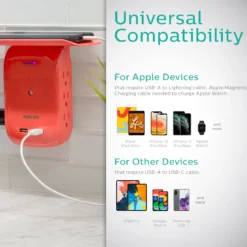 Philips 6-Outlet Tap with Device Shelf, 450J, 2USB (2.4A), Coral, 2pk