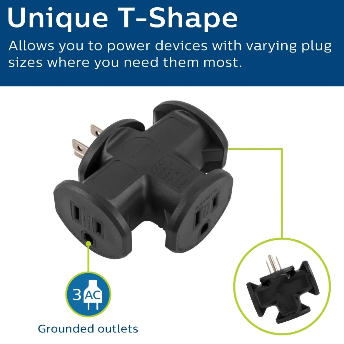 Philips 3-Outlet T-Shaped Adapter, Black