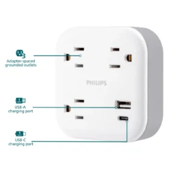 Philips 3-Outlet 1 USB-A 1 USB-C Wall Tap with Surge Protection, White
