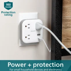 Philips 3-Outlet 1 USB-A 1 USB-C Wall Tap with Surge Protection, White