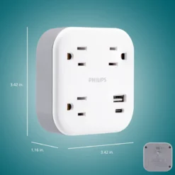Philips 3-Outlet 1 USB-A 1 USB-C Wall Tap with Surge Protection, White