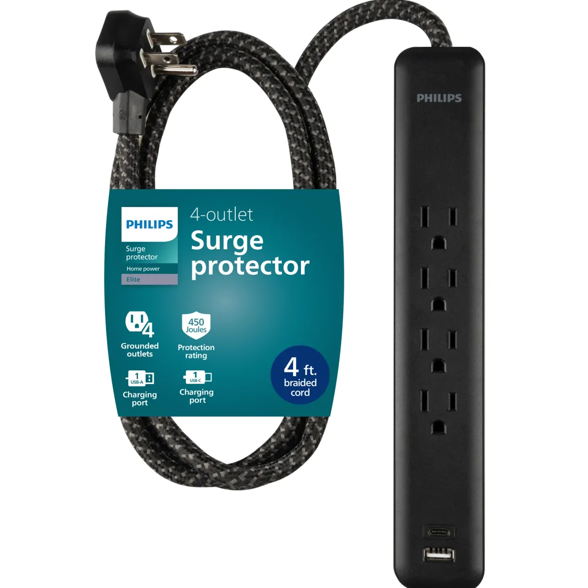 Philips 4-Outlet, 1-USB-C, 1-USB-A Surge Protector, 15W, 450J, 4ft Braided Cord, black