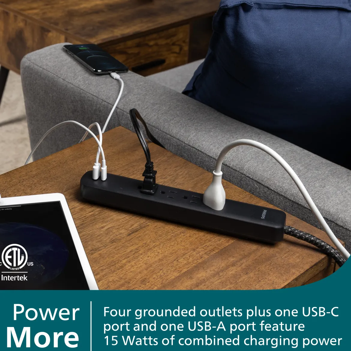 Philips 4-Outlet, 1-USB-C, 1-USB-A Surge Protector, 15W, 450J, 4ft Braided Cord, black