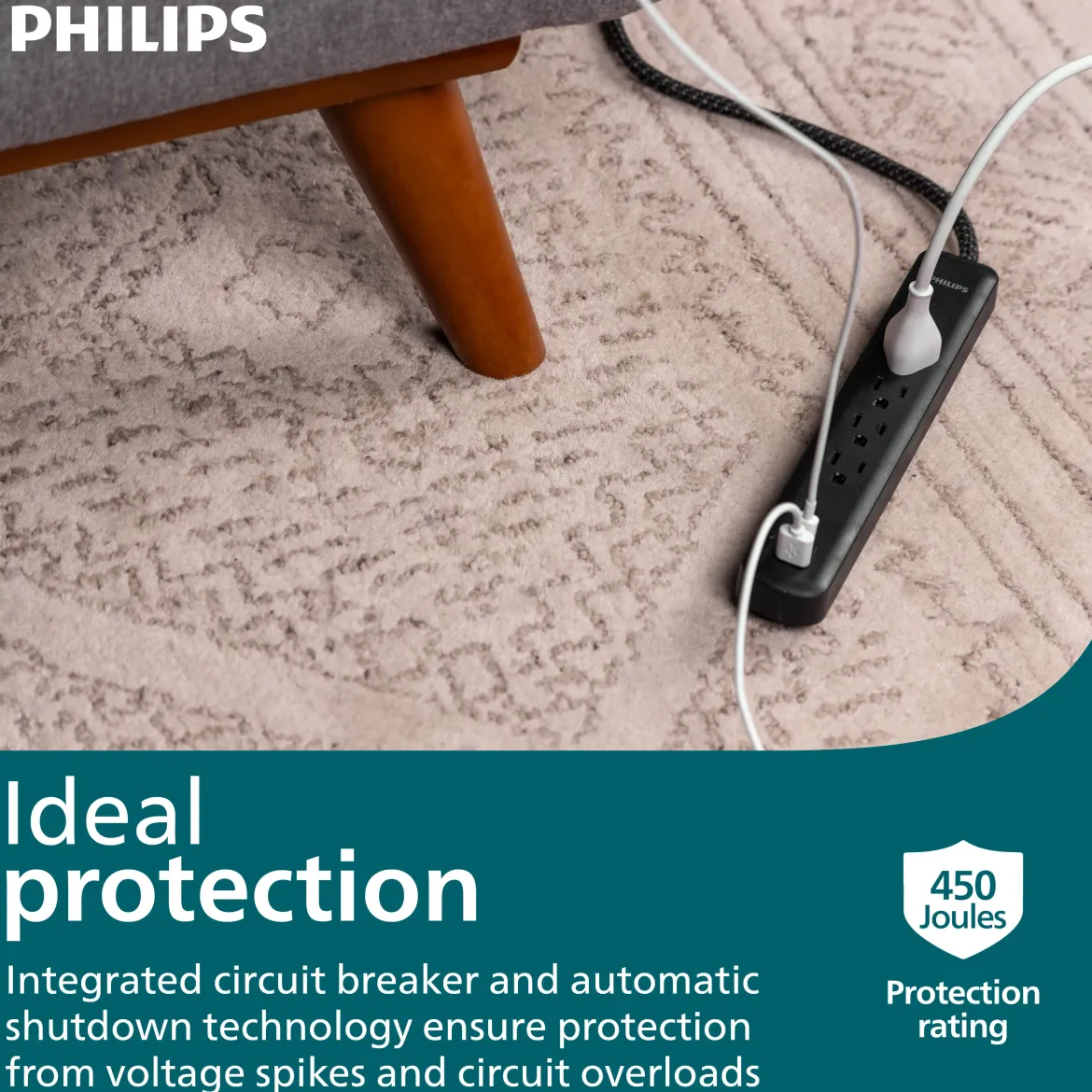 Philips 4-Outlet, 1-USB-C, 1-USB-A Surge Protector, 15W, 450J, 4ft Braided Cord, black