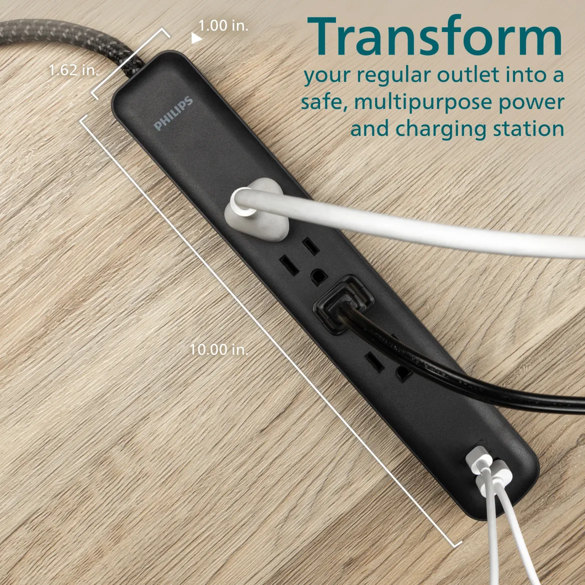 Philips 4-Outlet, 1-USB-C, 1-USB-A Surge Protector, 15W, 450J, 4ft Braided Cord, black