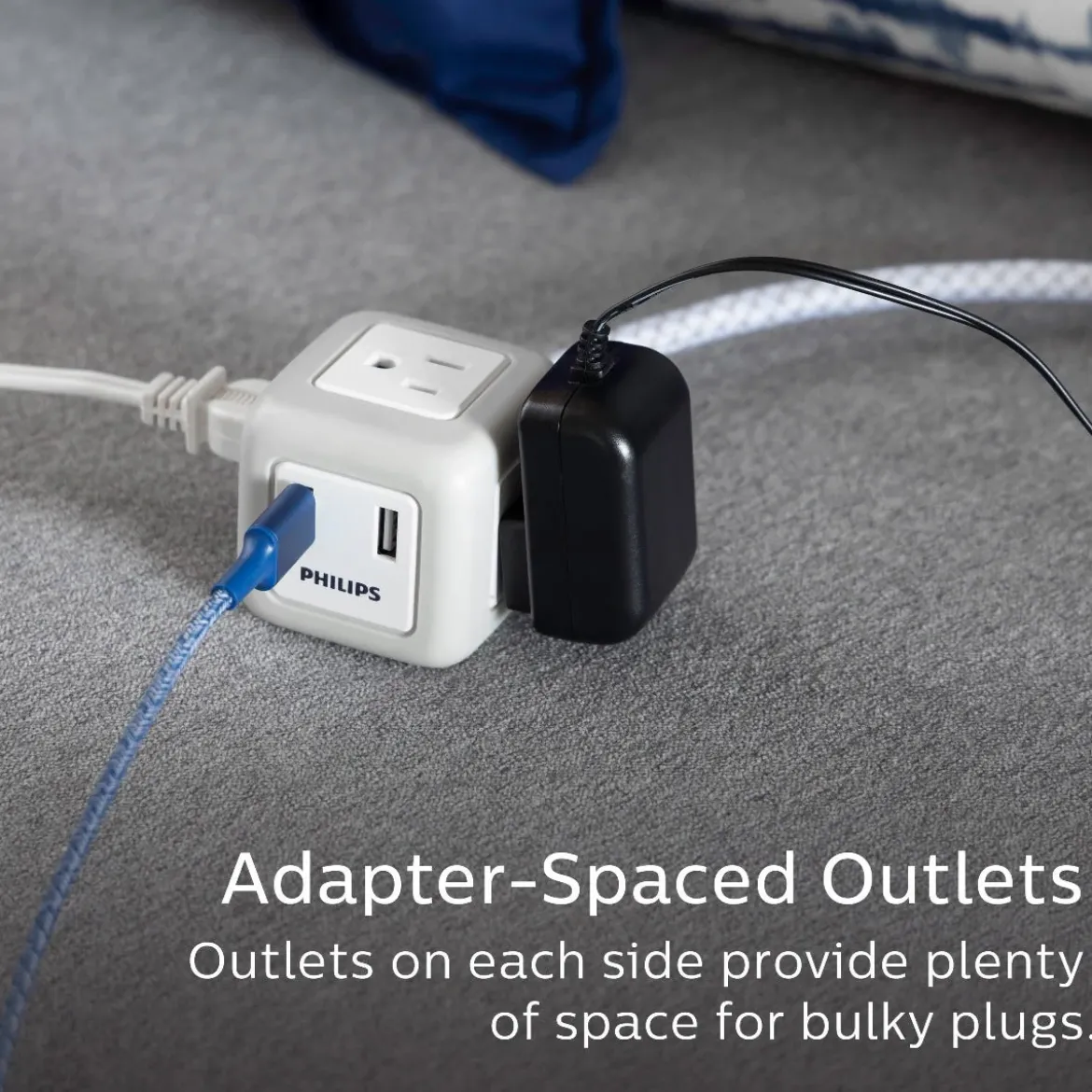 Philips 3-Outlet 2-USB 10ft. Extension Cord with Rubberized Cube, Gray/White