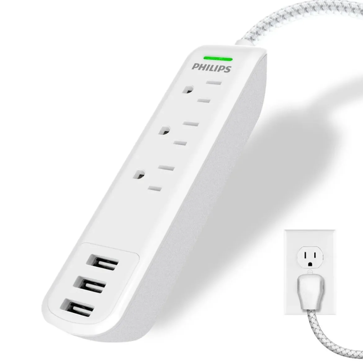 Philips 3-Outlet 3-USB 6ft. Surge Protector with Braided Cord, White