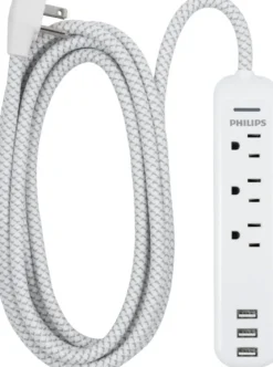 Philips 3-Outlet 3-USB 6ft. Surge Protector with Braided Cord, White