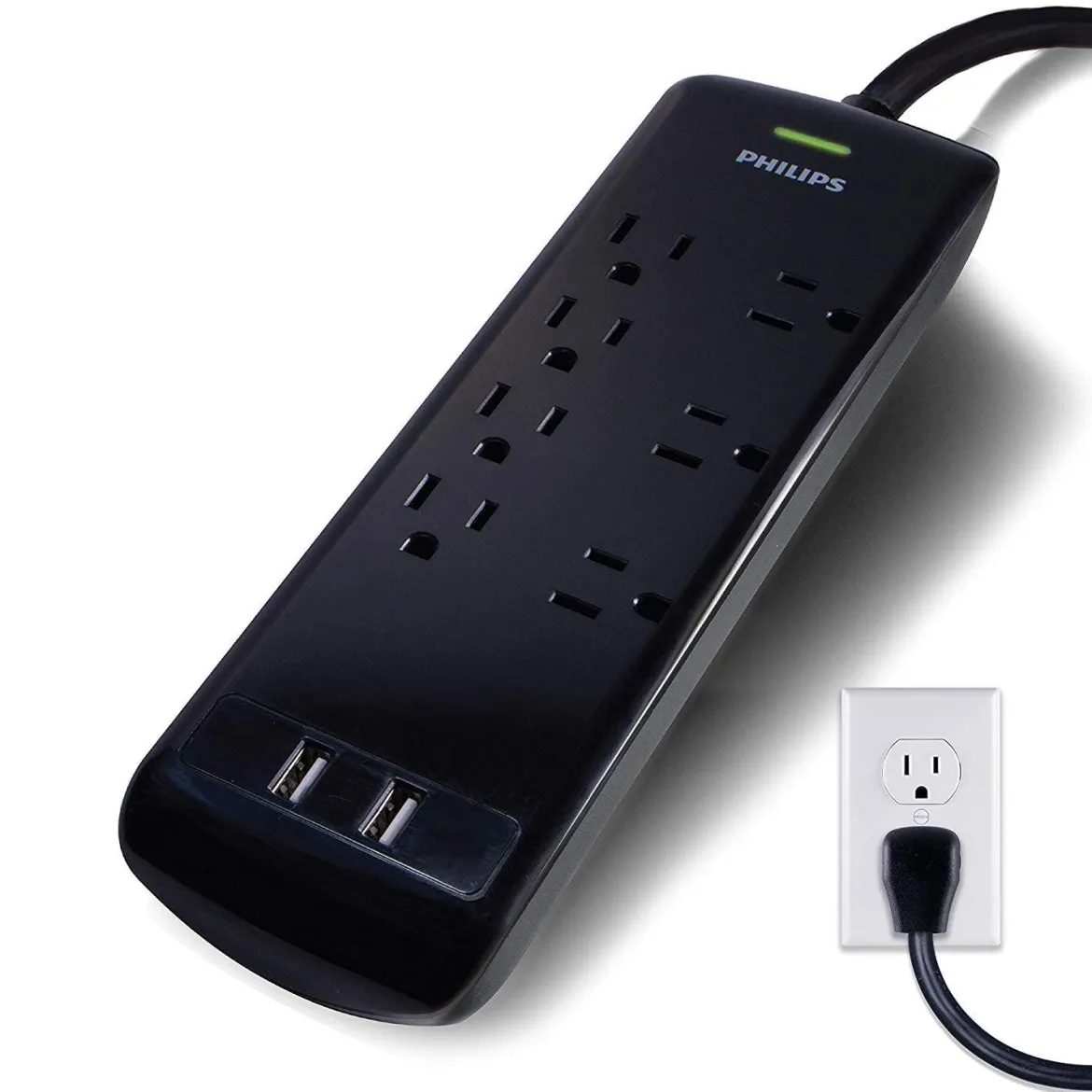 Philips 7-Outlet 2-USB 4ft. Surge Protector, Black