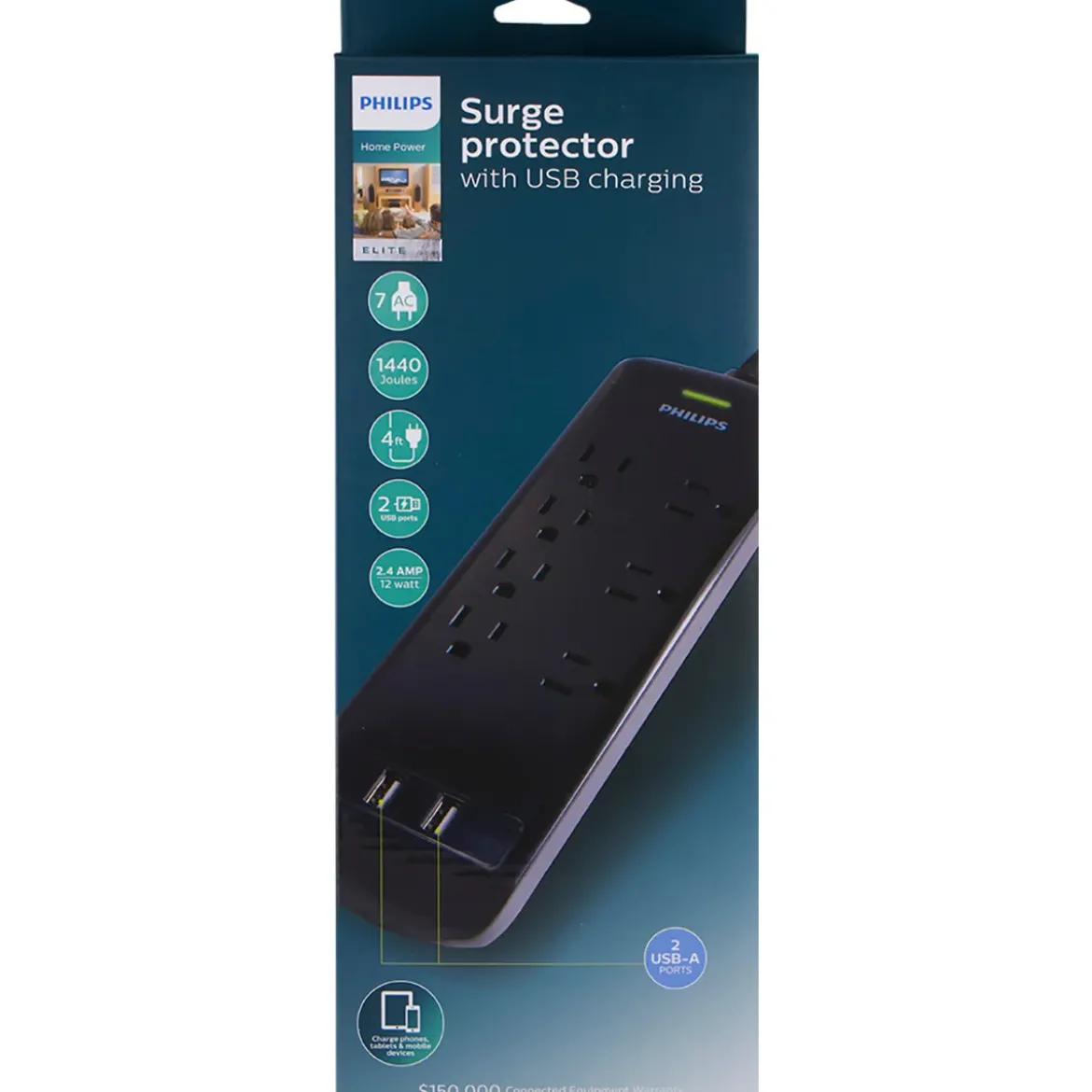Philips 7-Outlet 2-USB 4ft. Surge Protector, Black
