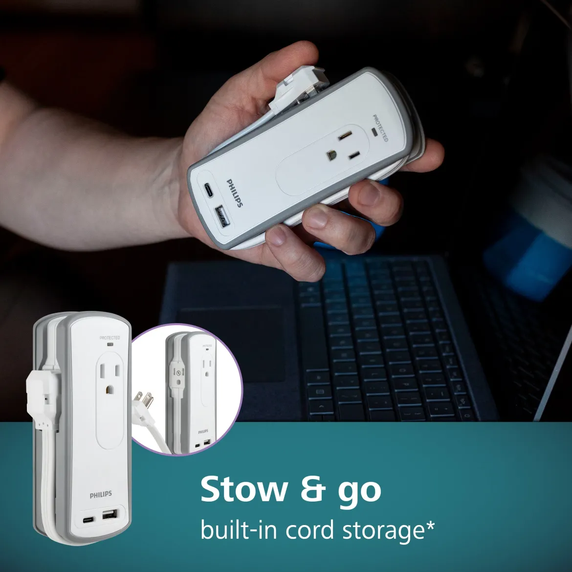 Philips 2-Outlet 2-USB Travel Charging Station with Surge Protection, White/Gray