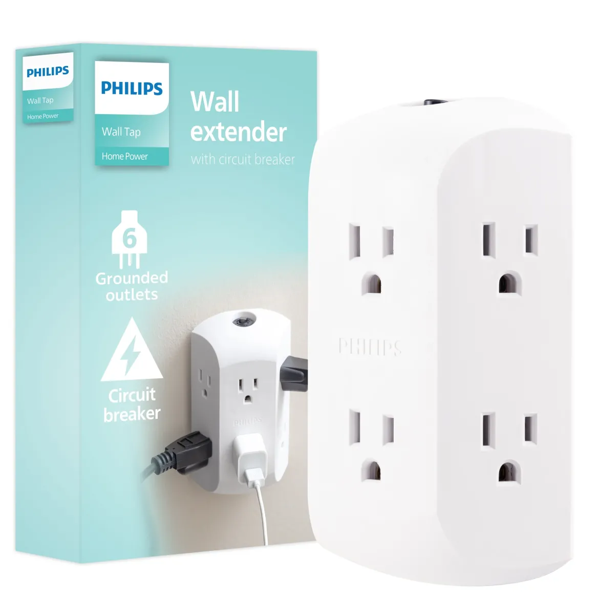 Philips 6-Outlet Wall Tap with Resettable Circuit Breaker, White