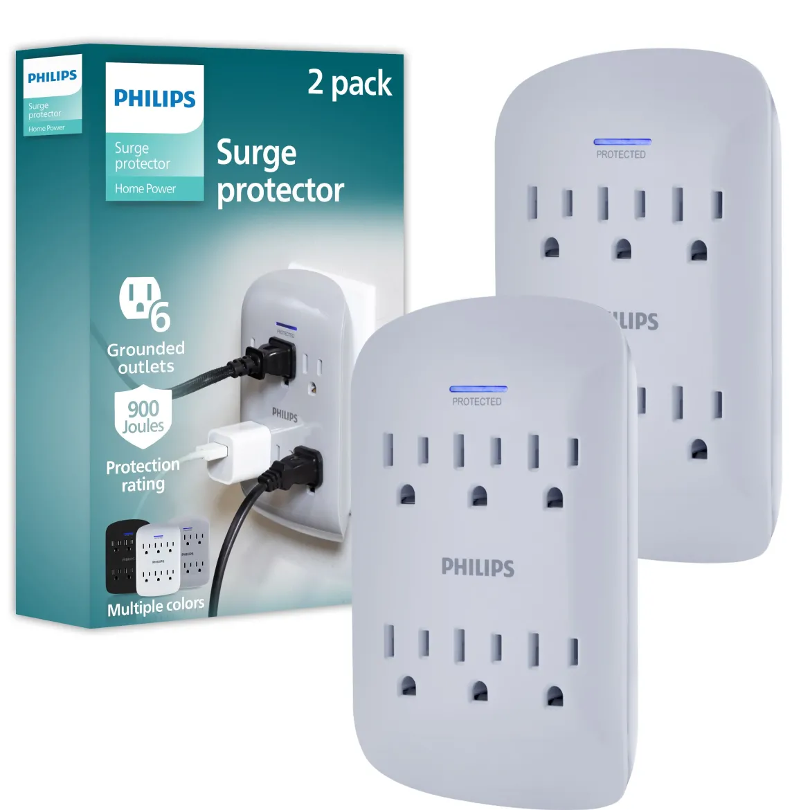 Philips 6-Outlet Wall Tap with Surge Protection, 2 Pack, Gray