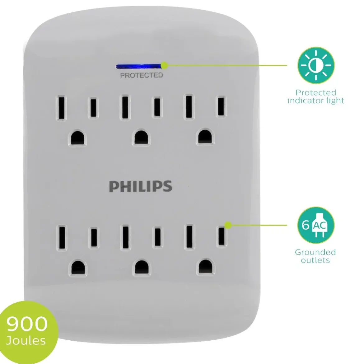 Philips 6-Outlet Wall Tap with Surge Protection, 2 Pack, Gray