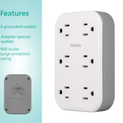 Philips 6-Outlet Wall Tap with Surge Protection and Adapter Spaced Outlets, White
