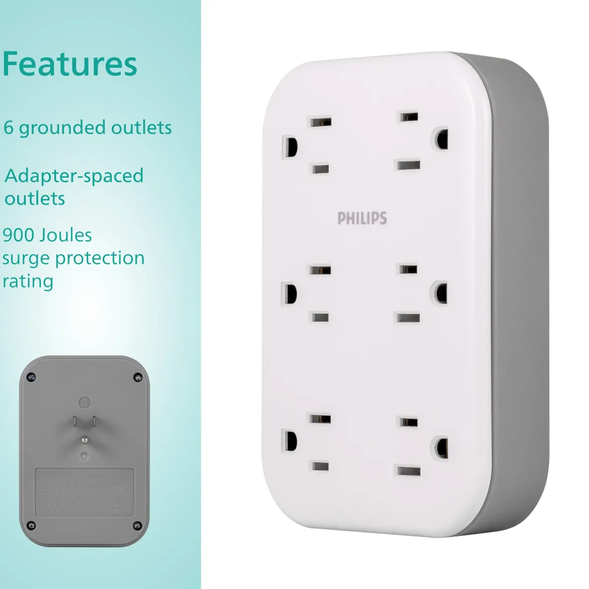 Philips 6-Outlet Wall Tap with Surge Protection and Adapter Spaced Outlets, White