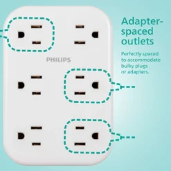 Philips 6-Outlet Wall Tap with Surge Protection and Adapter Spaced Outlets, White