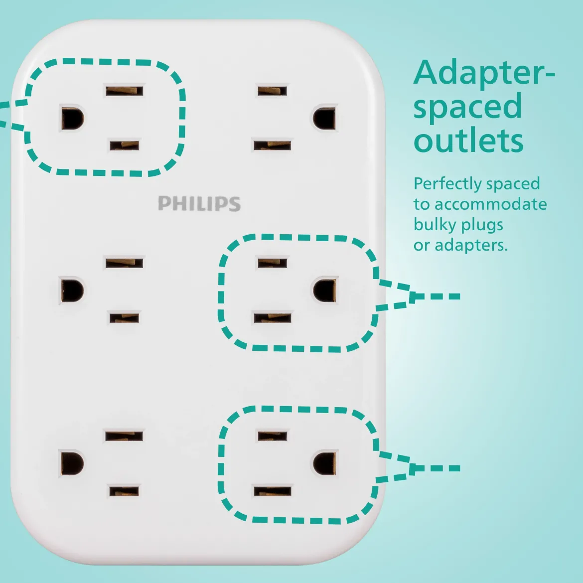 Philips 6-Outlet Wall Tap with Surge Protection and Adapter Spaced Outlets, White