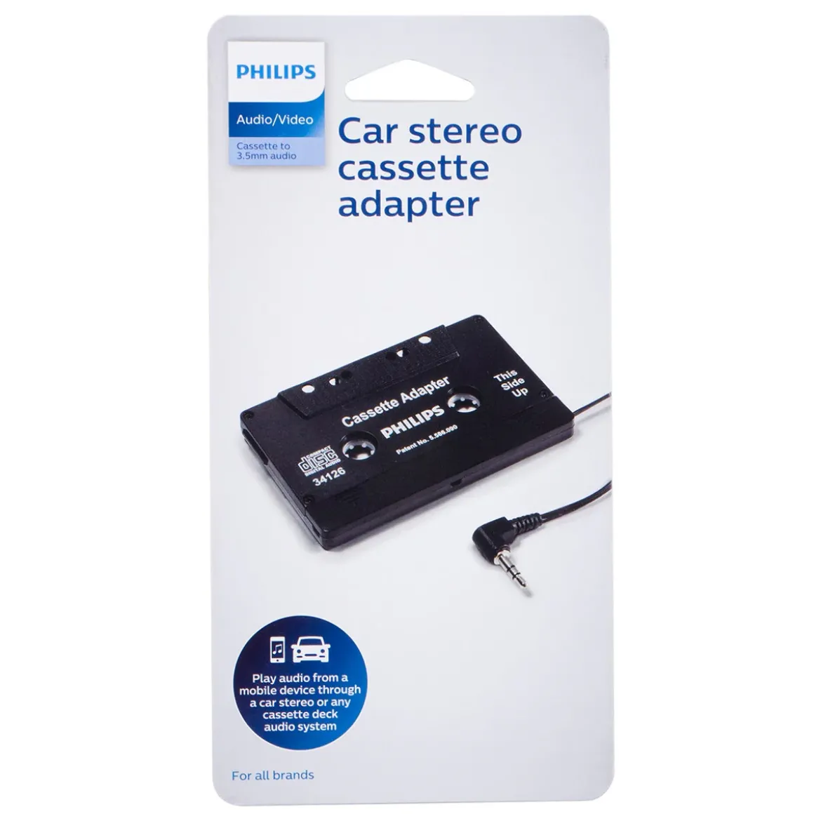 Philips Universal Cassette Adapter with 3.5mm Audio Jack, Black