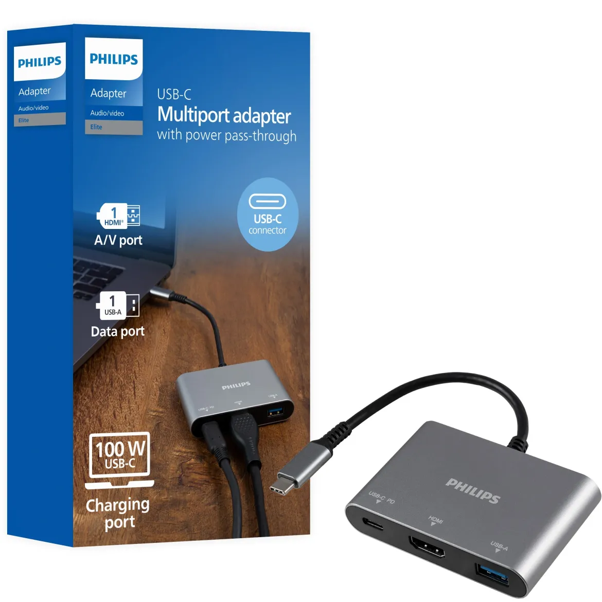 Philips USB-C 3-in-1 Multiport Hub With Power Pass-Through, Silver