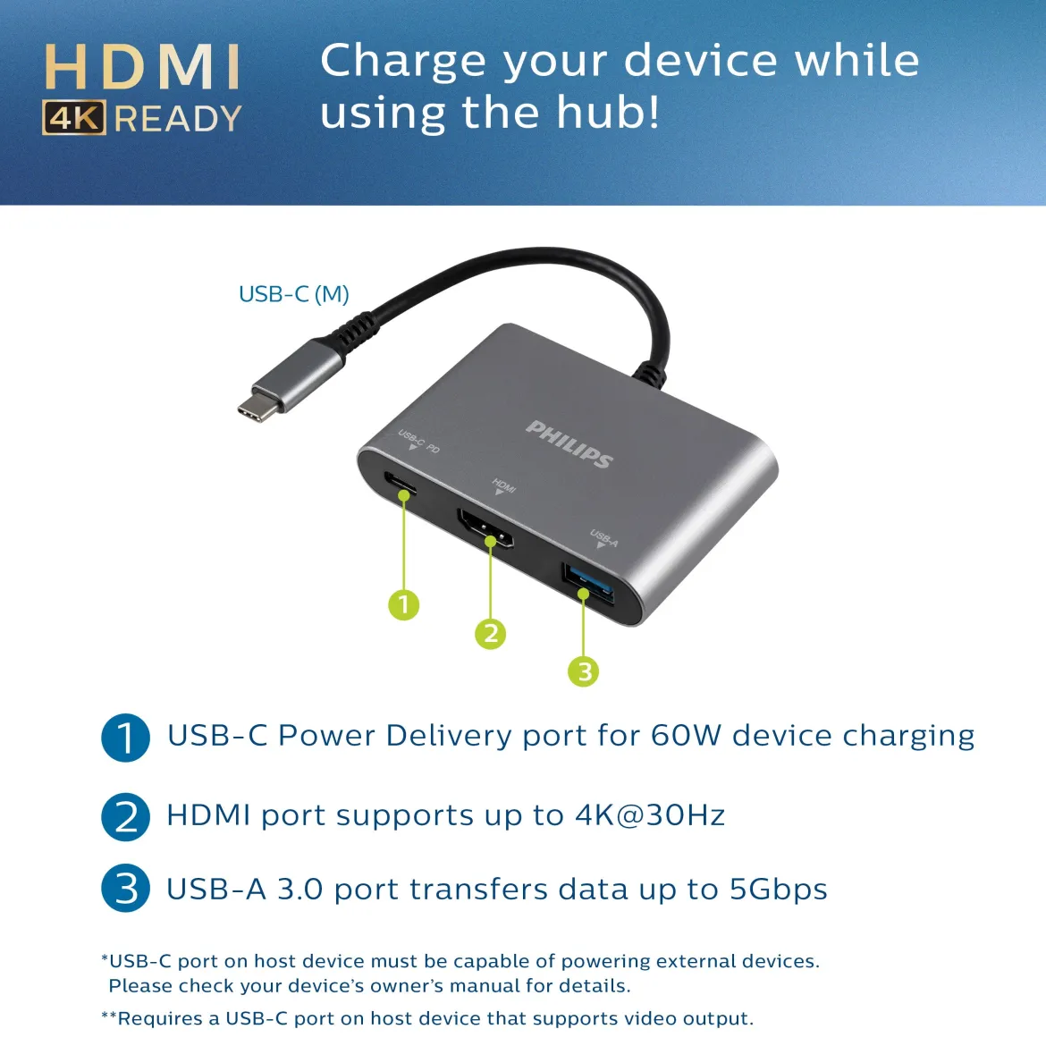 Philips USB-C 3-in-1 Multiport Hub With Power Pass-Through, Silver