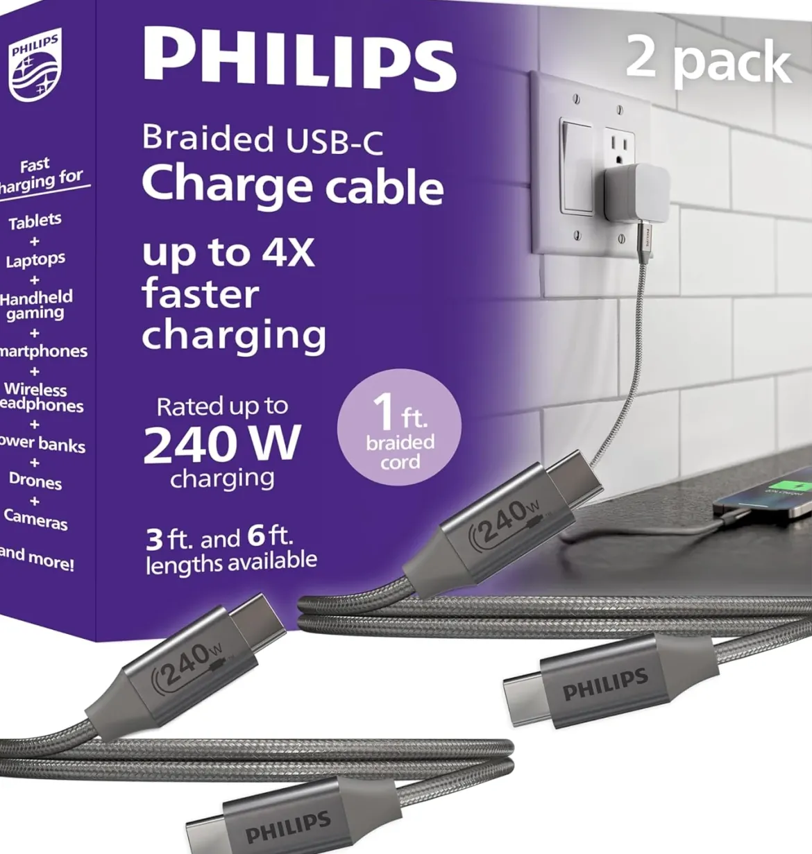Philips USB-C to USB-C Cable, 1ft, Braided Cord, 240W, Black/Gray Heather, 2 pack