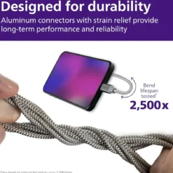 Philips USB-C to USB-C Cable, 240W, Braided, 6ft, Black/Gray Heather, 2 pack