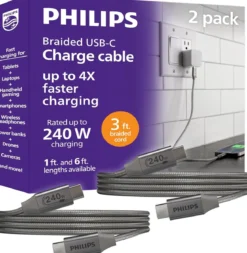 Philips USB-C to USB-C Cable, 240W, Braided Cord, 3ft, Black/Gray Heather, 2 pack
