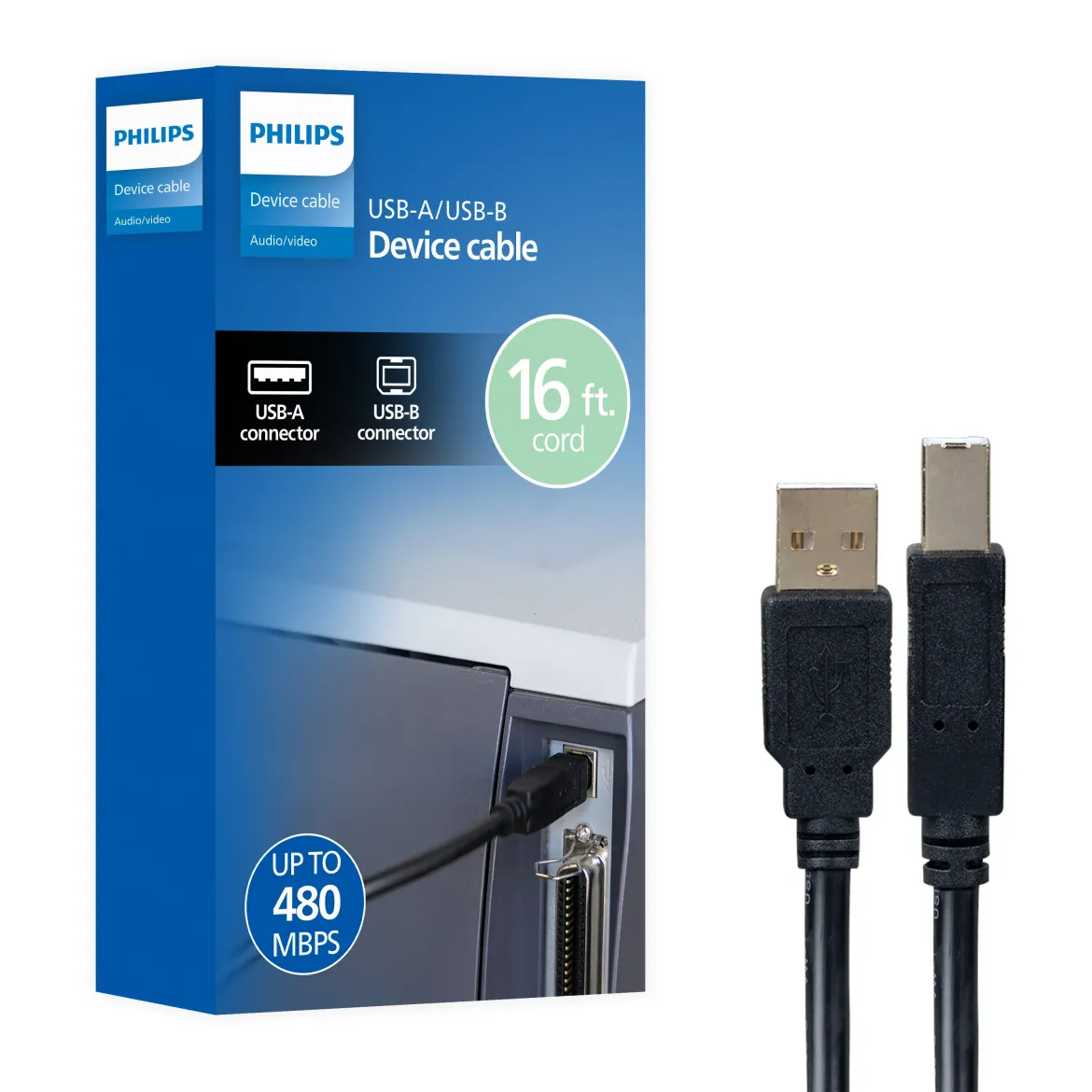 Philips USB 2.0 Device Cable., 16ft