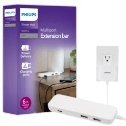 Philips USB Extension Bar, 3 ports, 2 USB-A ,1 20W USB-C, 32W Total, 6ft. Cable, White