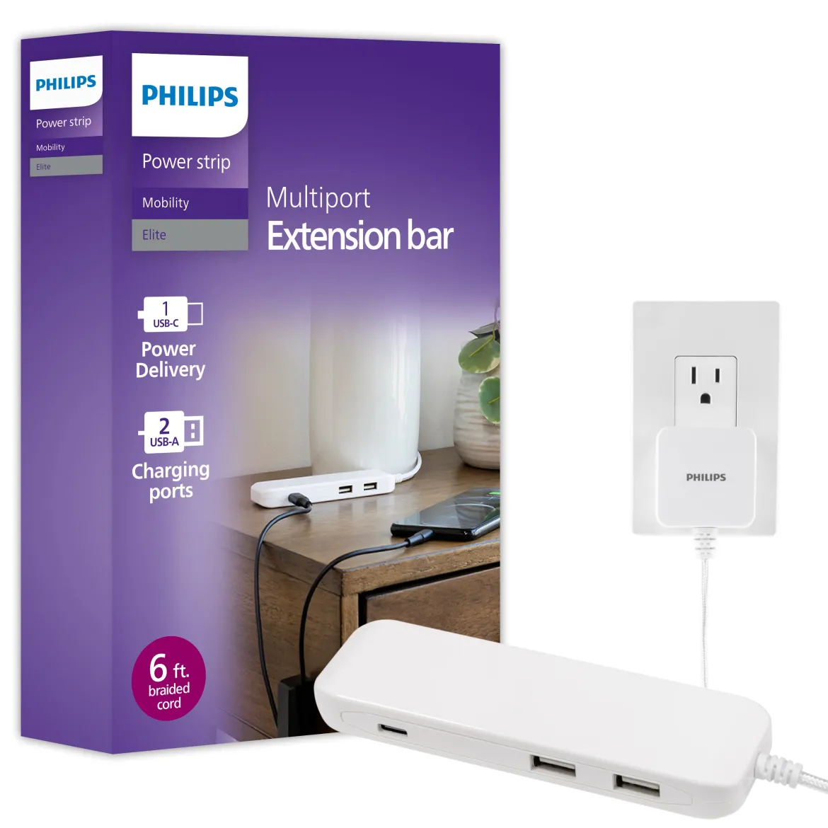 Philips USB Extension Bar, 3 ports, 2 USB-A ,1 20W USB-C, 32W Total, 6ft. Cable, White