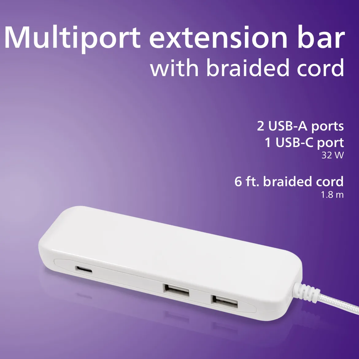 Philips USB Extension Bar, 3 ports, 2 USB-A ,1 20W USB-C, 32W Total, 6ft. Cable, White