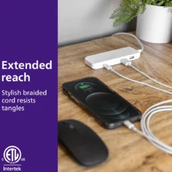 Philips USB Extension Bar, 3 ports, 2 USB-A ,1 20W USB-C, 32W Total, 6ft. Cable, White