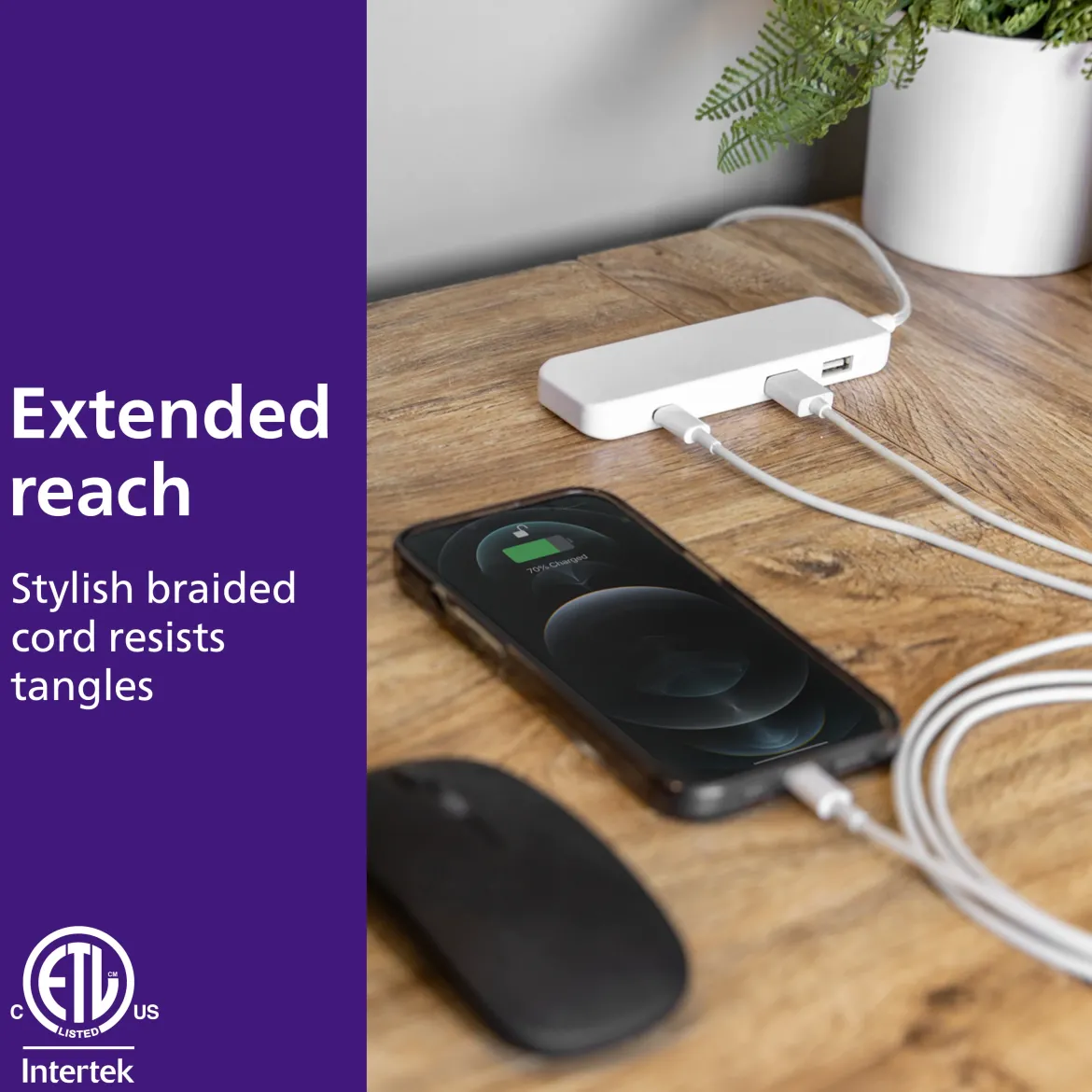 Philips USB Extension Bar, 3 ports, 2 USB-A ,1 20W USB-C, 32W Total, 6ft. Cable, White