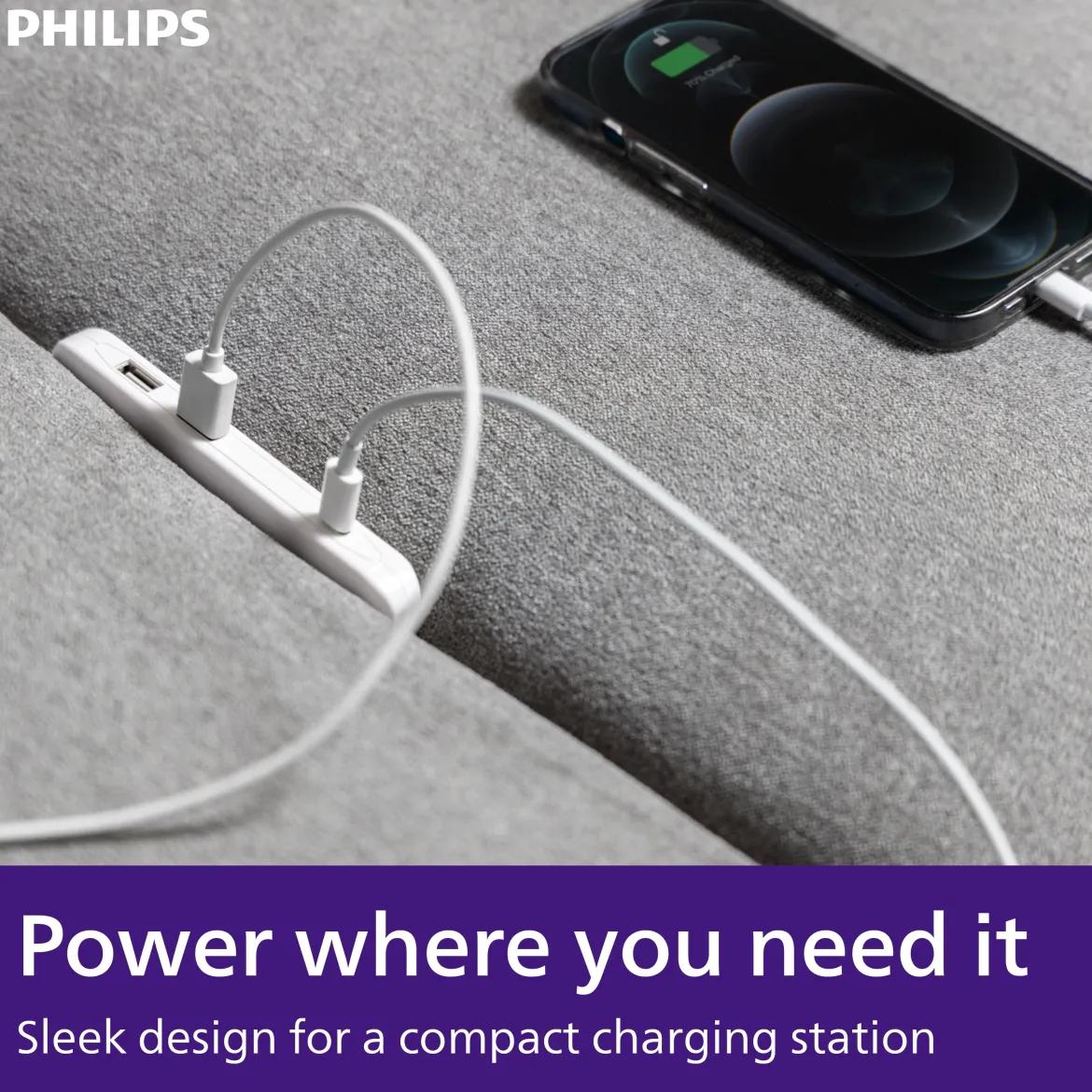 Philips USB Extension Bar, 3 ports, 2 USB-A ,1 20W USB-C, 32W Total, 6ft. Cable, White
