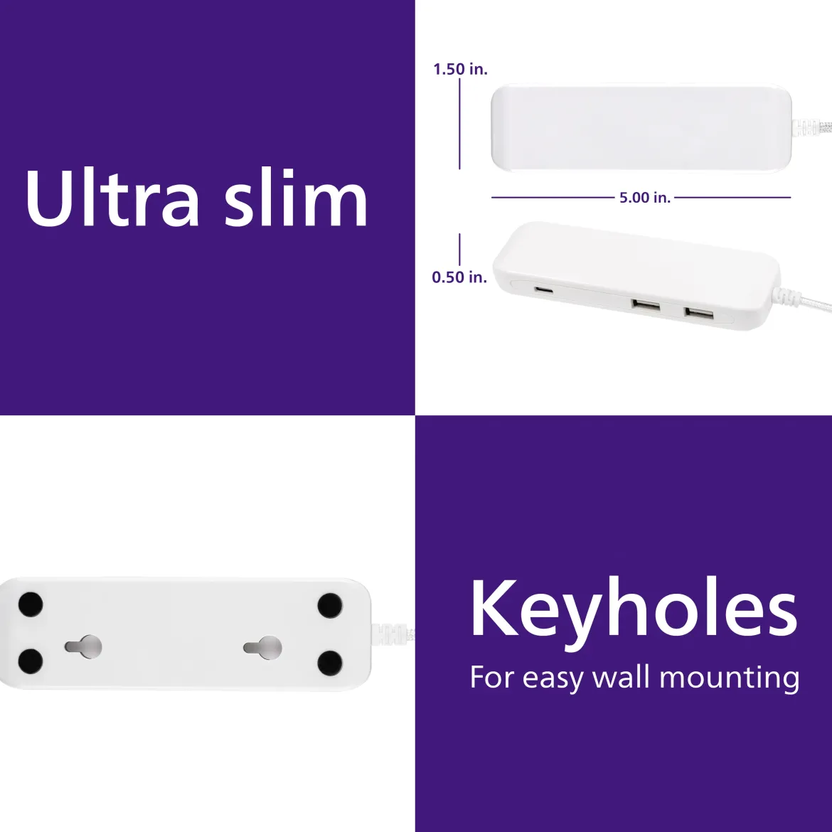 Philips USB Extension Bar, 3 ports, 2 USB-A ,1 20W USB-C, 32W Total, 6ft. Cable, White