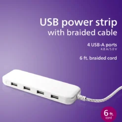 Philips USB Extension Bar, 4 USB-A ports, 4.8A, 24W, 6ft Braided Cord, White