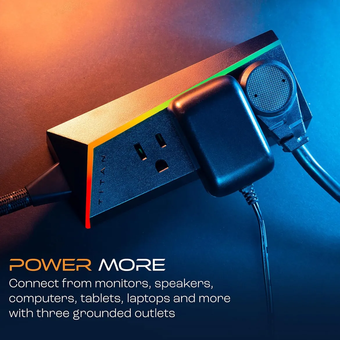 Titan 3-Outlet Extension Cord, Multicolor LED, 8ft. Braided Cord, Black
