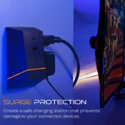 Titan 4-Outlet Surge Protector Wall Tap, USB-A/USB-C, 560J, Multicolor LED, Black